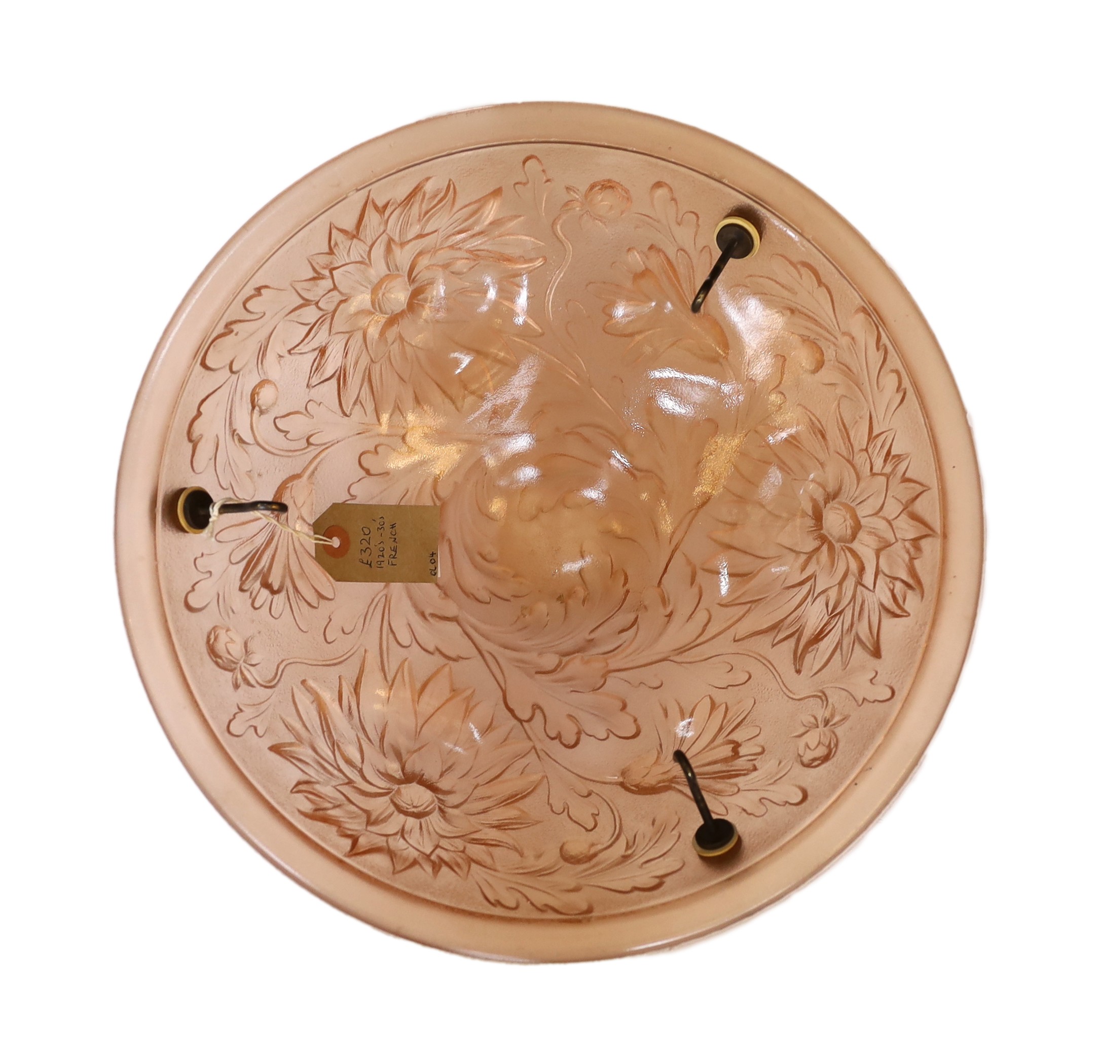 A 1920-30s French peach glass light bowl moulded with dahlias, with chain set and ceiling rose, Diameter 35.5 cm